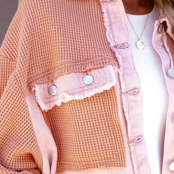 Vici Monica Cotton Waffle Knit Frayed Shacket • Pink Orange Combo - Picture 9 of 11